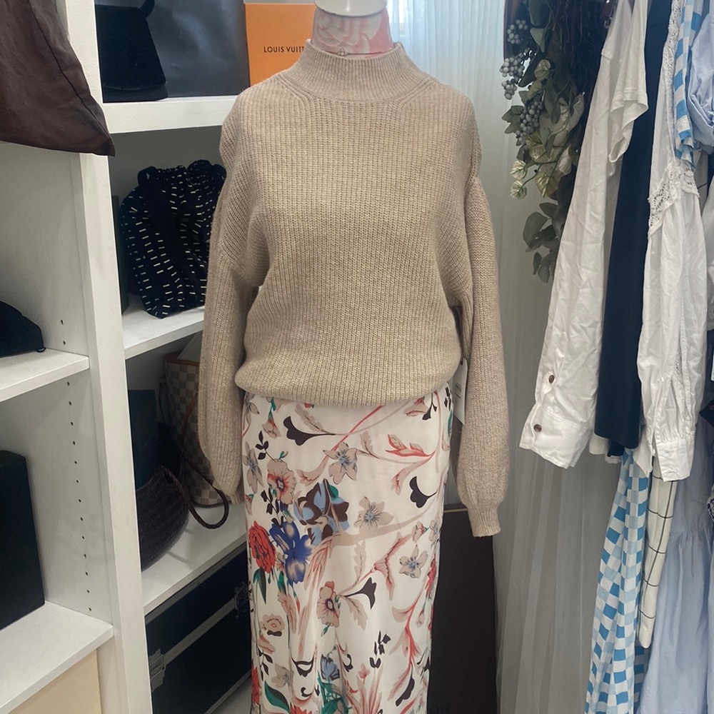 New Leith Tan Athera Mock Neck Puff Sleeve Knit Sweater Size M